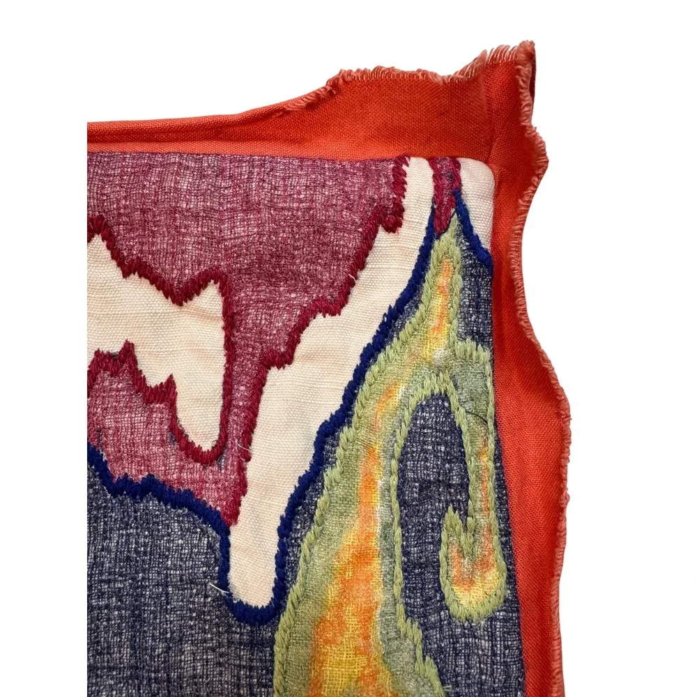 Pottery Barn Ikat Embroidered Pillow Cover 24x24 Orange Purple‎ Linen Cotton